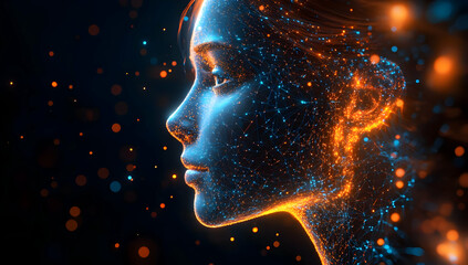 Obraz premium A mesmerizing digital portrait of a woman, illuminated with vibrant lights and ethereal particles, evoking a sense of wonder.