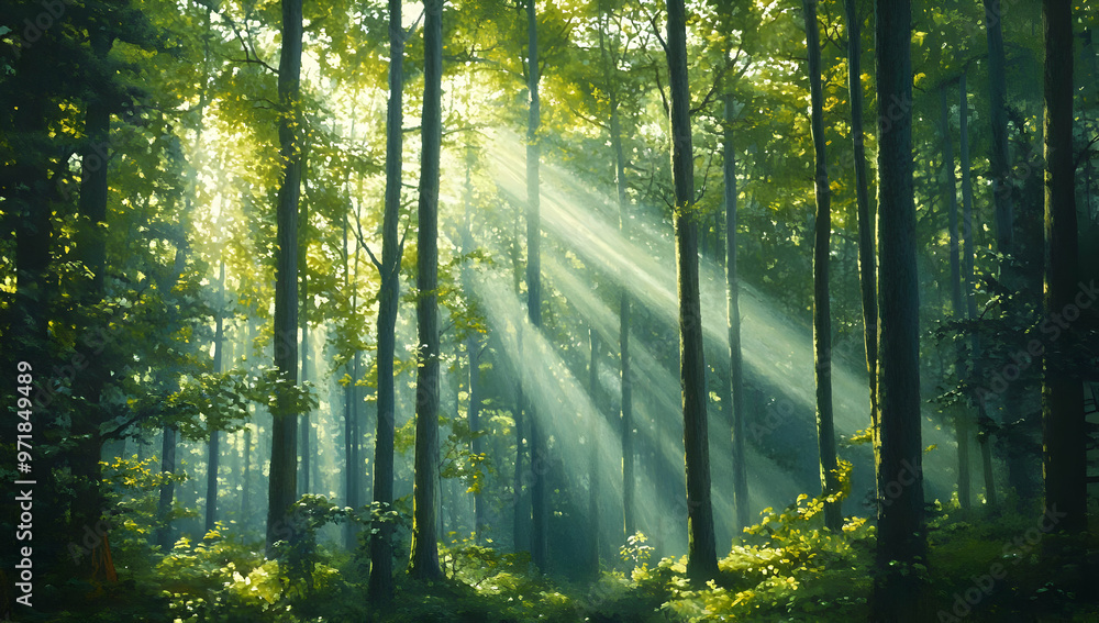 Poster a tranquil forest scene with sunlight filtering through lush green trees, creating a serene and magi