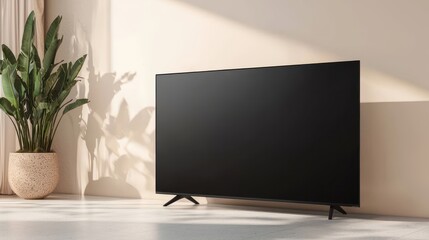 Fototapeta premium Modern TV Mockup with Green Plant and Sunlight