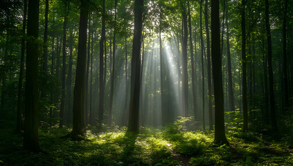 Obraz premium A serene forest scene showcasing tall trees and beams of sunlight filtering through lush green foliage.