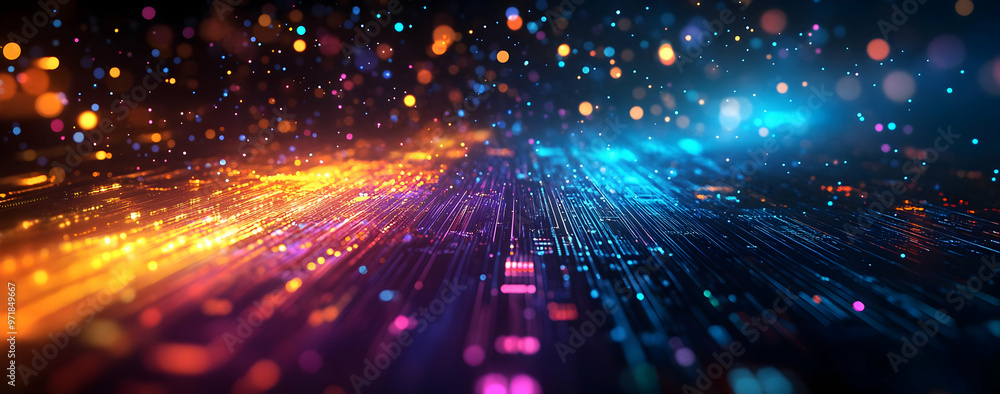 Poster vibrant digital abstract background with colorful lights and shimmering particles, creating a futuri