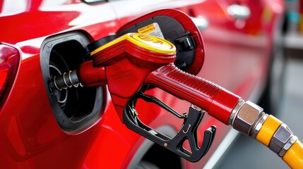 Obraz premium Red Car Fueling Up Gas Station Nozzle Closeup