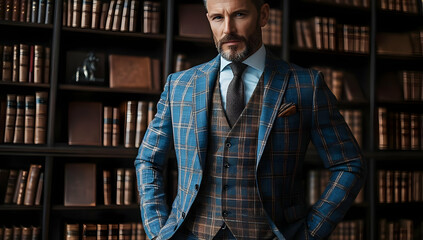 A confident man in a stylish blue plaid suit poses in a library filled with books, exuding sophistication and professionalism.
