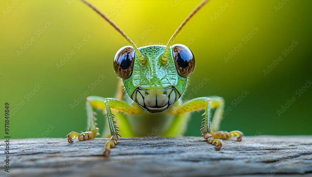 Poster a close-up view of a vibrant green grasshopper displaying intricate details and texture against a bl