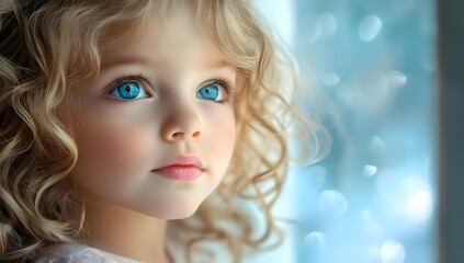 A close-up photo of a thoughtful young girl with curly hair and blue eyes, gazing out the window on a sunny day.