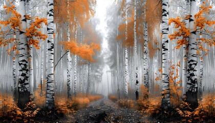Autumn birch forest landscape.
