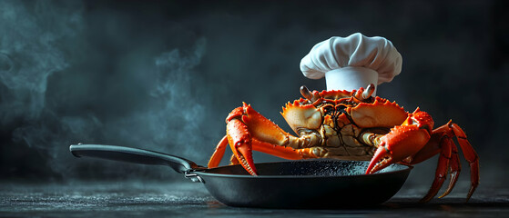A whimsical crab chef in a frying pan, showcasing creativity in cooking with a touch of humor and culinary charm.