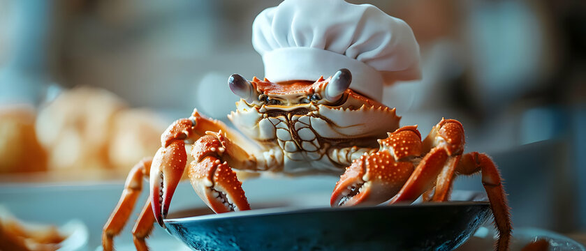 A whimsical crab wearing a chef hat, ready to cook in a vibrant kitchen filled with delicious seafood.