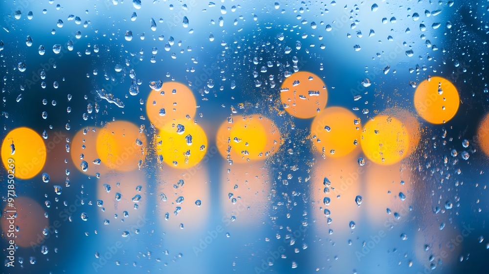Poster a beautiful abstract view of bright bokeh lights through a rain-soaked window, creating a moody atmo