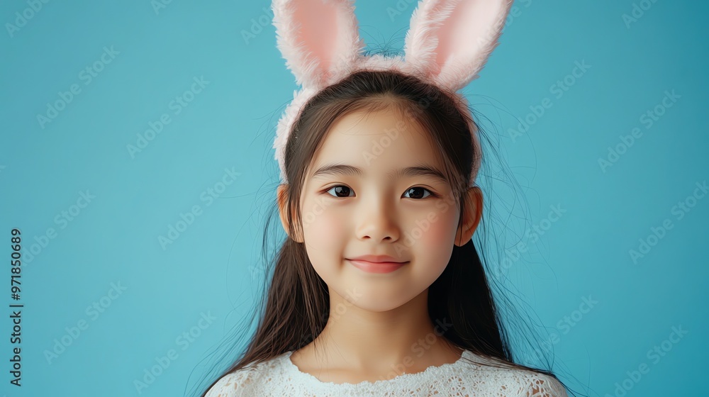 Sticker A young girl wearing pink bunny ears smiles at the camera.