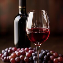 Obraz premium Close-up of red wine glass rich color and delicate curves with bottle and grapes in background. 🍷🍇 Elegant composition perfect for wine lovers and sophisticated settings!
