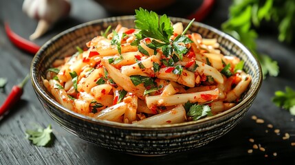 Bowl of spicy Isaan bamboo shoot salad with fresh herbs, Isaan bamboo shoot salad, regional Thai dish