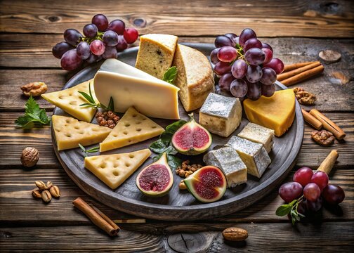 A beautifully arranged platter of artisanal cheeses, garnished with fresh grapes, figs, and crackers, against a rustic