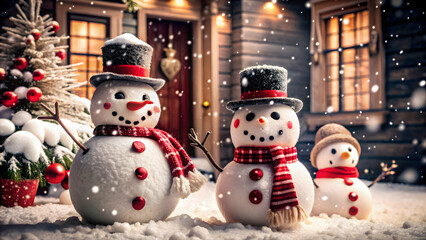 Festive winter wonderland featuring snowmen, a cabin, and twinkling lights.