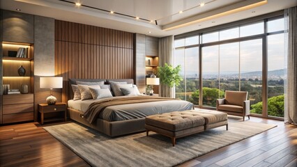 A modern master bedroom with a large window filling the space with natural light, plush bed, and sleek