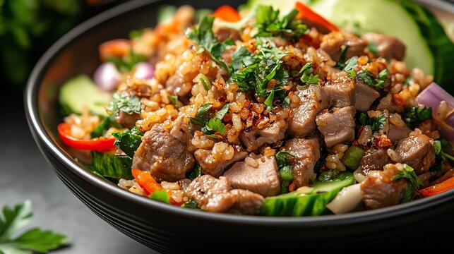 Closeup of Isaanstyle spicy duck salad Larb Ped with roasted rice, Larb Ped, Isaan specialty