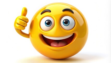 A bright yellow emoji with a smiling face and finger pointed upwards, isolated on a white background, conveying