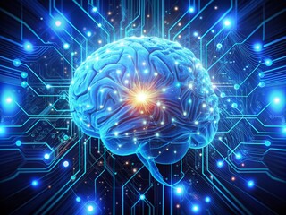 Fototapeta premium Abstract digital brain illustration with glowing blue neurons, circuits, and futuristic connecting nodes, representing