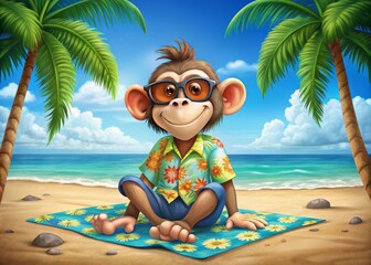 A cheerful, colorful monkey cartoon character wearing sunglasses and a Hawaiian shirt, sitting on a beach towel,