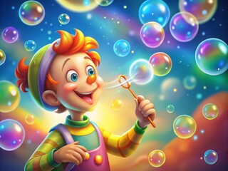 Fototapeta premium A cheerful, brightly colored cartoon character blows a cluster of shimmering, delicate soap bubbles that float upwards,