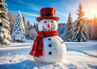 Fototapeta premium A cheerful winter companion, a snowman with a bright red scarf and top hat stands proudly in a
