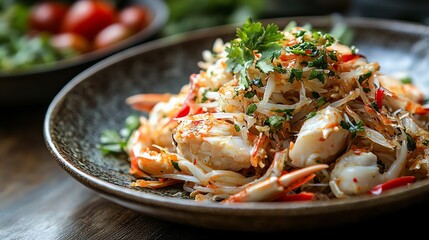 Isaanstyle spicy crab papaya salad served on a rustic plate, Isaan crab papaya salad, spicy salad