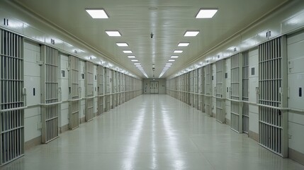 Fototapeta premium Empty Prison Corridor with Cell Doors and Bars