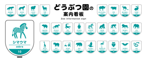 Fototapeta premium どうぶつ園の案内看板のデザイン素材セット（動物・ピクト・アイコン）1色