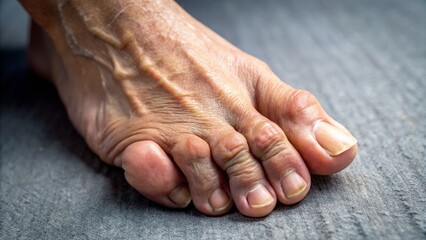 Fototapeta premium A close-up shot of a foot with deformed toes featuring hammer toes, with curled and bent digits, showcasing