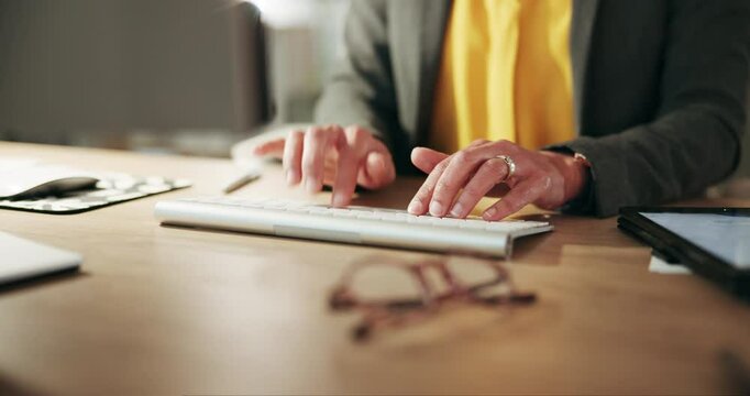 Computer, hands and business person typing report, email or feedback for labor law in office. Keyboard, closeup and employee on desk for project policy, regulation or compliance officer writing rules