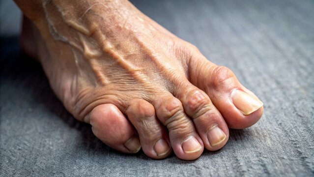 A close-up shot of a foot with deformed toes featuring hammer toes, with curled and bent digits, showcasing