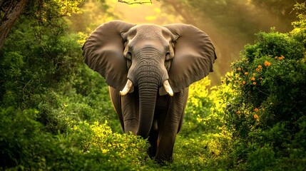 A majestic elephant walking through a lush green forest, bathed in warm sunlight, showcasing nature's beauty and wildlife.