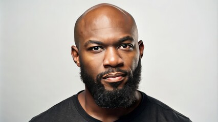 A powerful Black man stands confidently, his shaved head and neatly trimmed beard a symbol of strength and