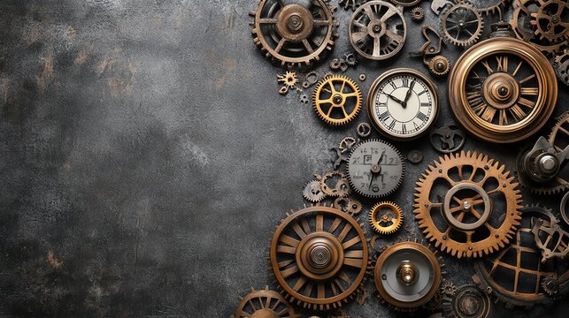 A flatlay of vintage clockwork gears and cogs.