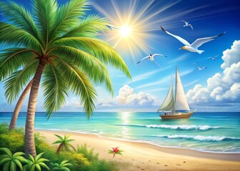 Obraz premium A colorful illustration of a serene beach scene featuring a palm tree, sailboat, and seagulls against a bright
