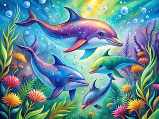 Fototapeta premium A colorful illustration of playful dolphins swimming together, surrounded by seaweed and ocean bubbles, created with