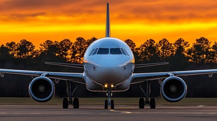 A modern airplane positioned on a runway during a vibrant sunset, showcasing the beauty of aviation and travel.