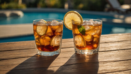 Tall glass of iced tea with lemon slices and ice cubes, set on a poolside table under the sun.