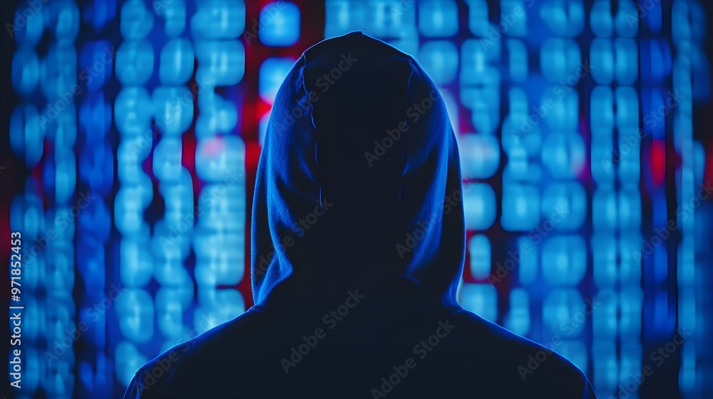 Poster a mysterious figure in a hoodie stands against a backdrop of vibrant blue data patterns, representin