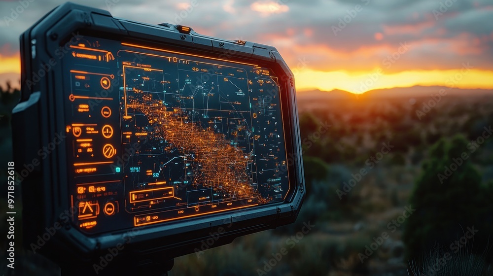 Poster futuristic display showing star map against a sunset backdrop.