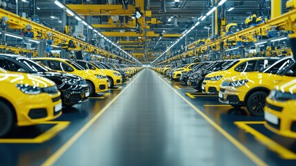 Yellow Cars on Assembly Line in Modern Factory