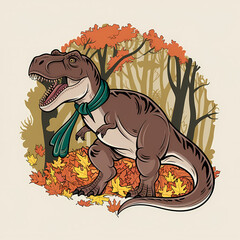 A dinosaur playing in a pile of autumn leaves, Vintage and Retro illustration