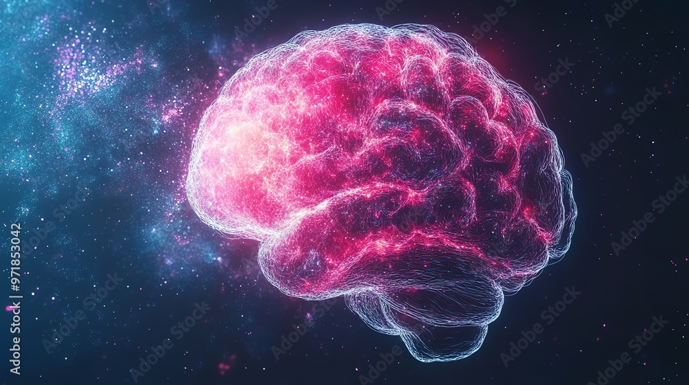 Wall mural A digital rendering of a glowing human brain against a starry space background.