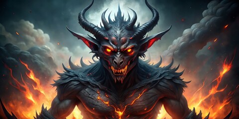 A dark mythical creature with horns, razor-sharp claws, and glowing red eyes emerges from shadows, surrounded by eerie