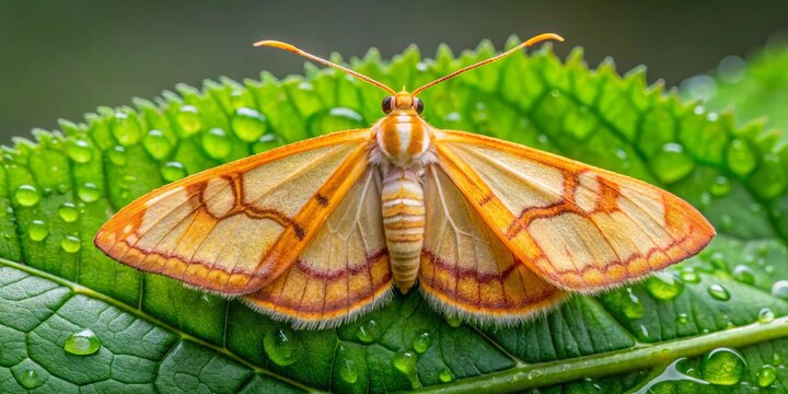 A delicate, intricately patterned maple moth, genus Drepana, with striking shades of orange, brown, and cream, rests on