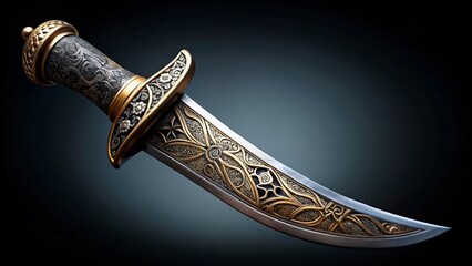 A slender, sharply curved blade grips a hilt adorned with delicate geometric patterns on a subtle, textural background,