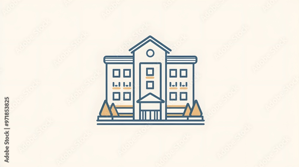 Poster a simple line drawing of a two-story building with trees in front