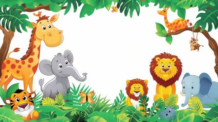Naklejka premium Bright cartoon zoo animals in their habitats, isolated on white background with space for card message.