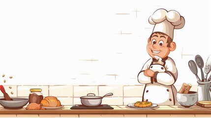 Cartoon chef baking in a kitchen, isolated on white background with space for card message.