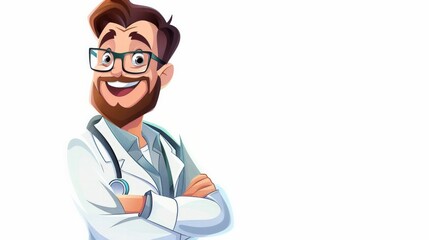 Fototapeta premium Cheerful cartoon doctor with medical tools, on white background with ample copy space